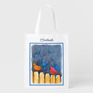 Cardinals on the Fence Painting - Original Art Grocery Bag