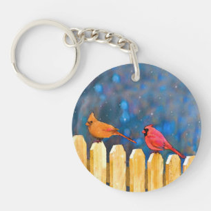 Cardinals on the Fence Painting - Original Art Keychain