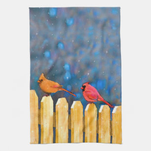 Cardinals on the Fence Painting - Original Art Kitchen Towel