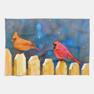 Cardinals on the Fence Painting - Original Art Kitchen Towel