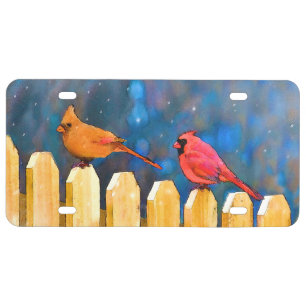 Cardinals on the Fence Painting - Original Art License Plate