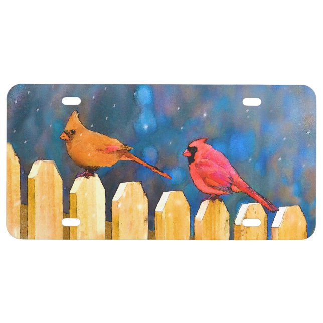 Cardinals on the Fence Painting - Original Art License Plate (Front)