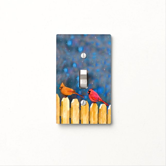 Cardinals on the Fence Painting - Original Art Light Switch Cover (In Situ)
