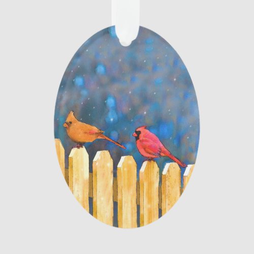 Cardinals on the Fence Painting _ Original Art Ornament