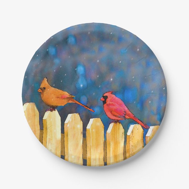 Cardinals on the Fence Painting - Original Art Paper Plates (Front)