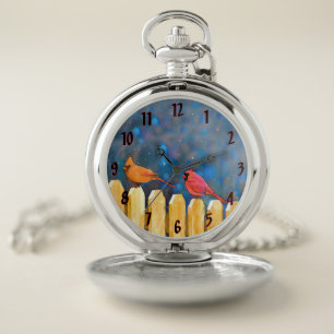 Cardinals on the Fence Painting - Original Art Pocket Watch