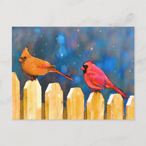 Cardinals on the Fence Painting _ Original Art Postcard