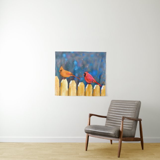 Cardinals on the Fence Painting - Original Art Tapestry (In Situ (Horizontal))