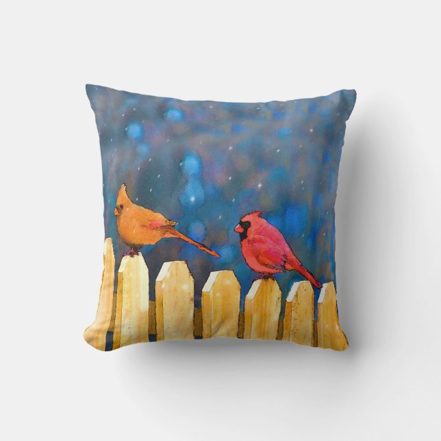 Cardinals on the Fence Painting - Original Art Throw Pillow (Front)