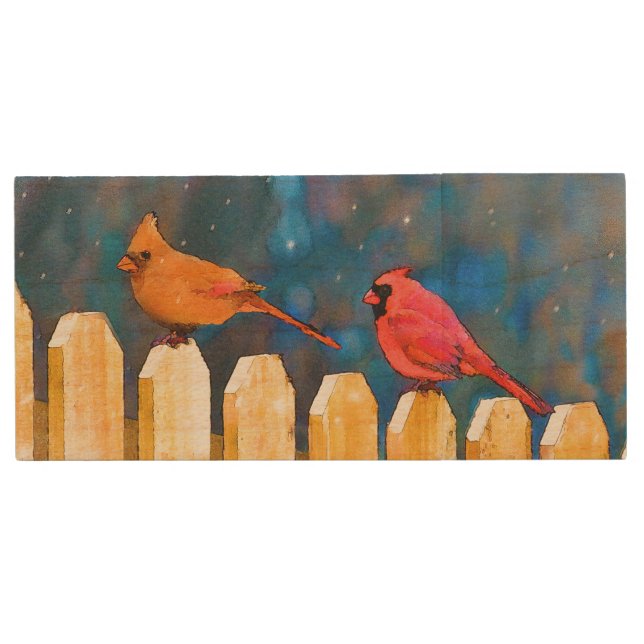 Cardinals on the Fence Painting - Original Art Wood Flash Drive (Front)