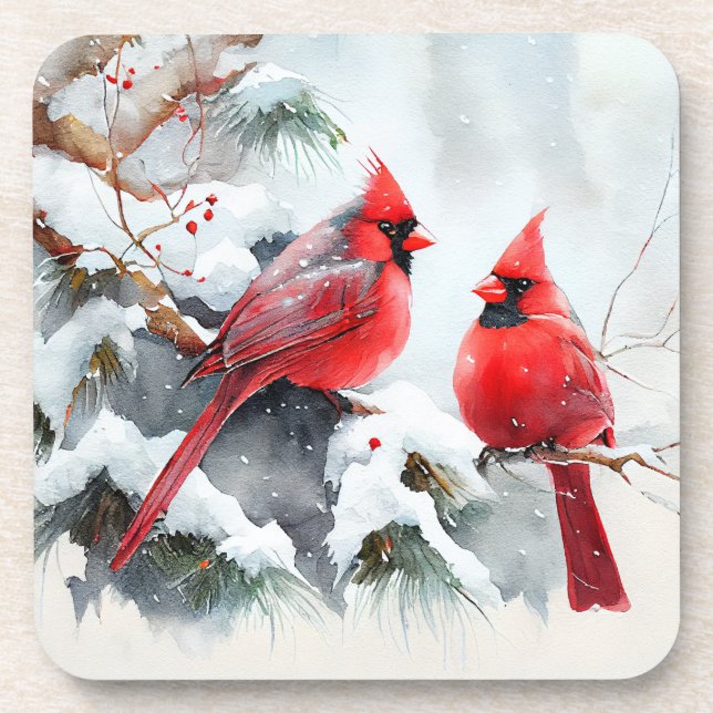 Cardinals on Tree Branch in Christmas Winter Scene Beverage Coaster (Front)