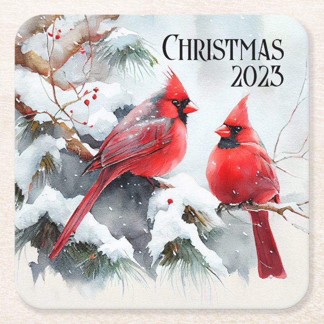 Cardinals on Tree Branch in Christmas Winter Scene Square Paper Coaster (Front)