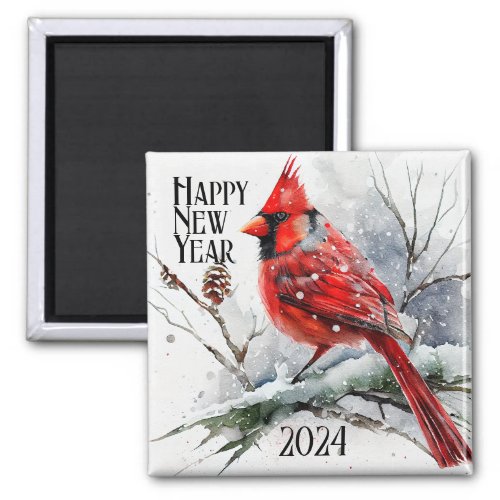 Cardinals on Tree Branch in Winter Scene New Year Magnet