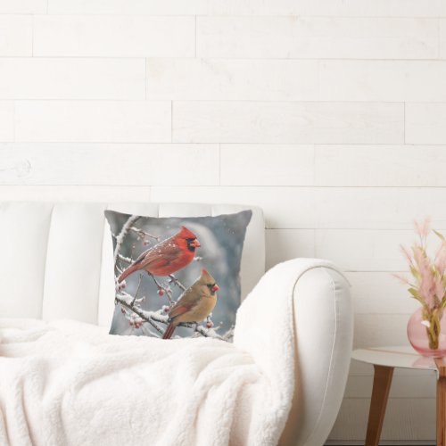 Cardinals on Winter Tree Branch Throw Pillow