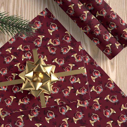 Cardinals Perched In Gold Christmas Horns Burgundy Wrapping Paper