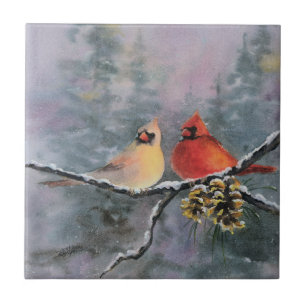 CARDINALS & PINE CONES by SHARON SHARPE Tile