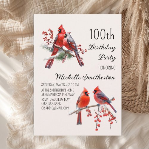 Cardinals Snow Winter Birds 100th Birthday Invitation
