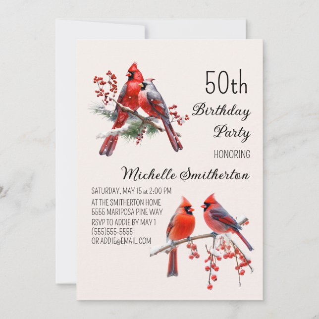 Cardinals Snow Winter Birds 50th Birthday Invitation (Front)