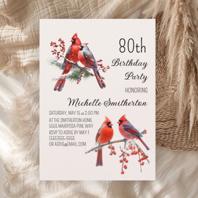 Cardinals Snow Winter Birds 80th Birthday Invitation (Red cardinals women's 80th birthday party invitation)