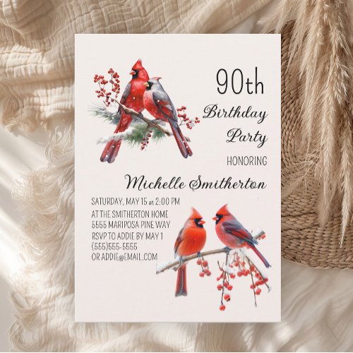 Cardinals Snow Winter Birds 90th Birthday Invitation