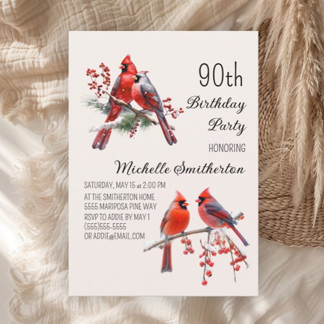 Cardinals Snow Winter Birds 90th Birthday Invitation (Red cardinals women's 90th birthday party invitation)