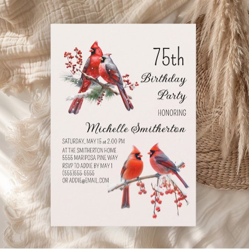Cardinals Snow Winter Birds Berries 75th Birthday Invitation
