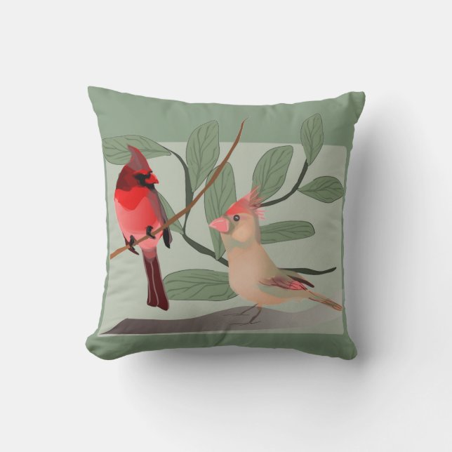 Cardinals Two Red Birds on Branch Throw Pillow (Front)