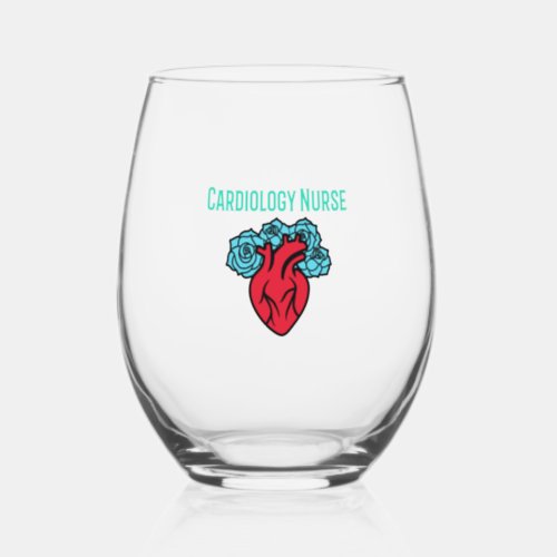 Cardiology Nurse Heart and Roses T Shirt   Stemless Wine Glass