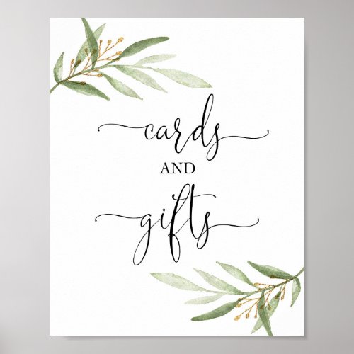 Cards and gifts baby shower sign greenery gold