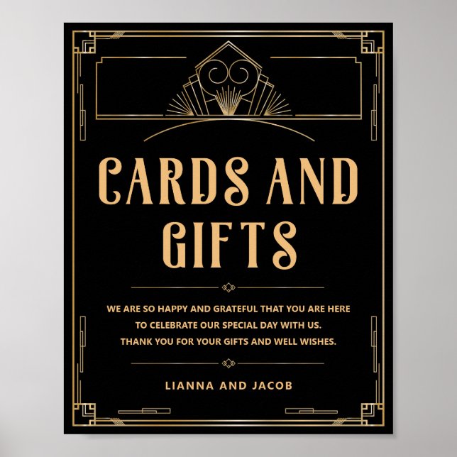 Cards and Gifts Black Gold Art Deco 20s Wedding Poster (Front)