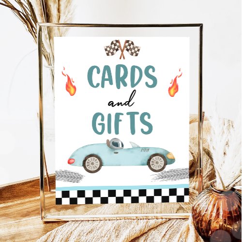 Cards and Gifts Blue Race Car Two Fast Birthday  Poster