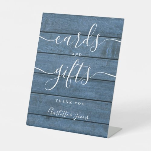 Cards And Gifts Blue Rustic Wood Signature Script Pedestal Sign