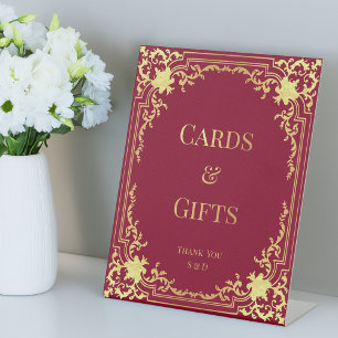Cards and Gifts Burgundy Faux Gold Vintage Wedding Pedestal Sign