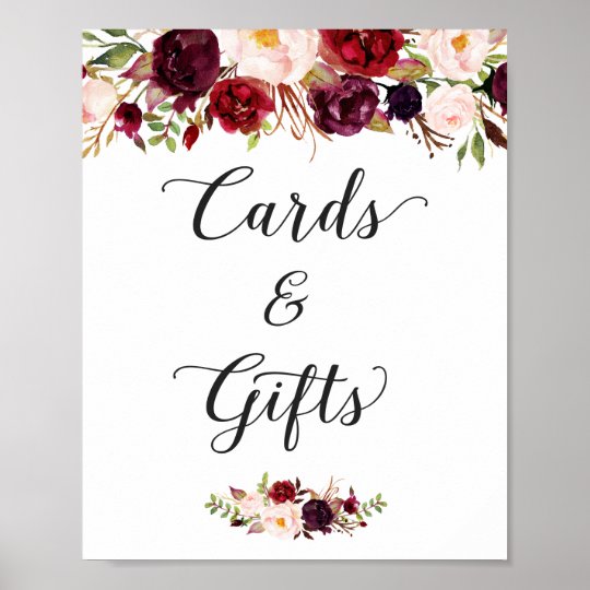 Cards and Gifts Burgundy Floral Wedding Sign Zazzle.com