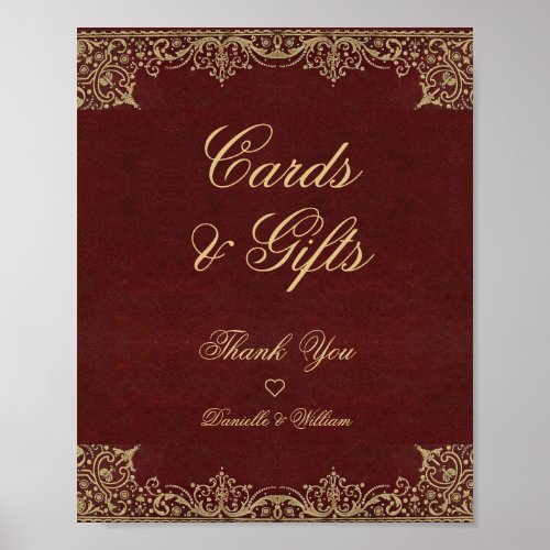 Cards and Gifts Burgundy Gold Vintage Wedding Sign