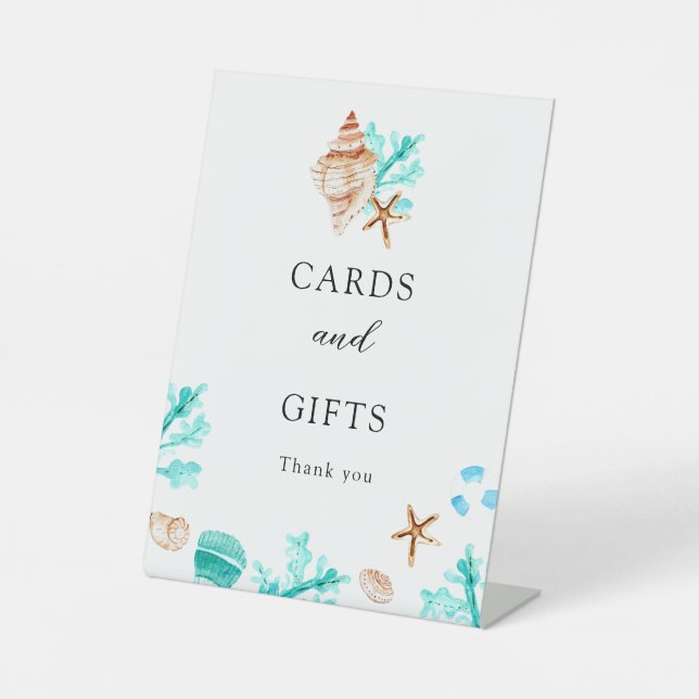 Cards and Gifts Coastal Seashell Beach Wedding Pedestal Sign (Front)