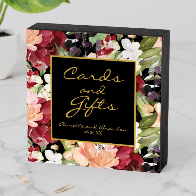 Cards and Gifts Elegant Black Gold Floral Wooden Box Sign (In Situ Horizontal)