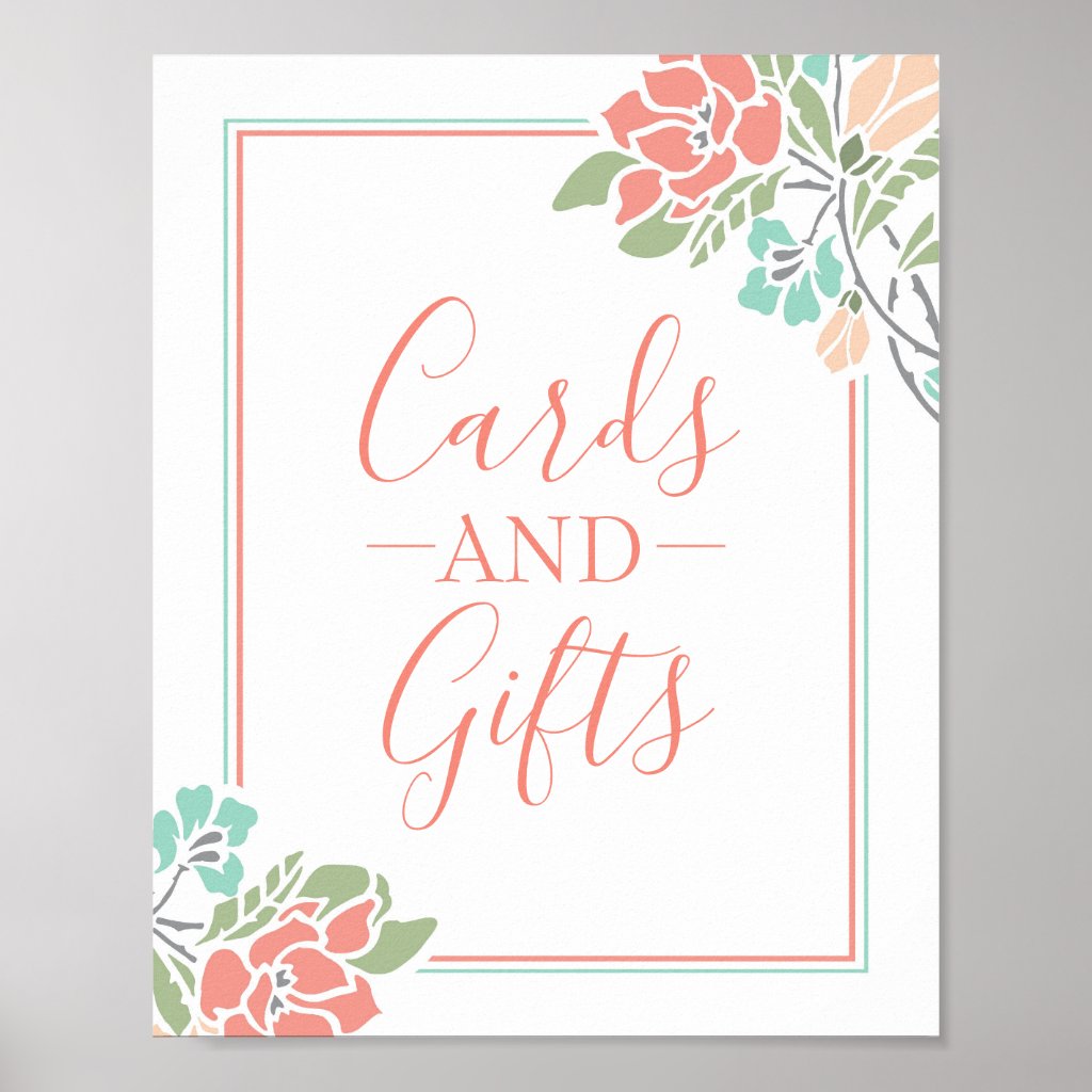 Cards and Gifts Floral Coral Bridal Shower Sign