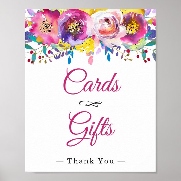Cards And Gifts Fuchsia Gold Floral Wedding Sign