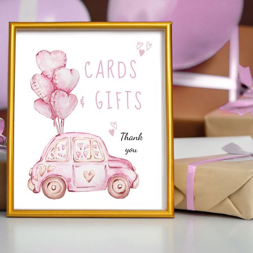Cards and Gifts Pink Balloons and Car Birthday Poster