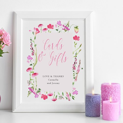 Cards and Gifts Pink Wildflower Wedding Shower Poster