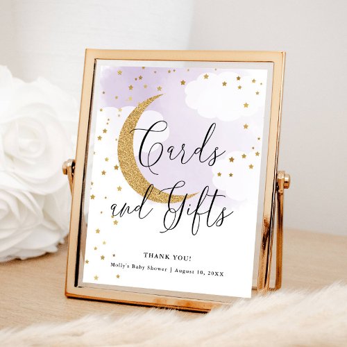 Cards and Gifts Purple Gold Moon Baby Shower Table Poster