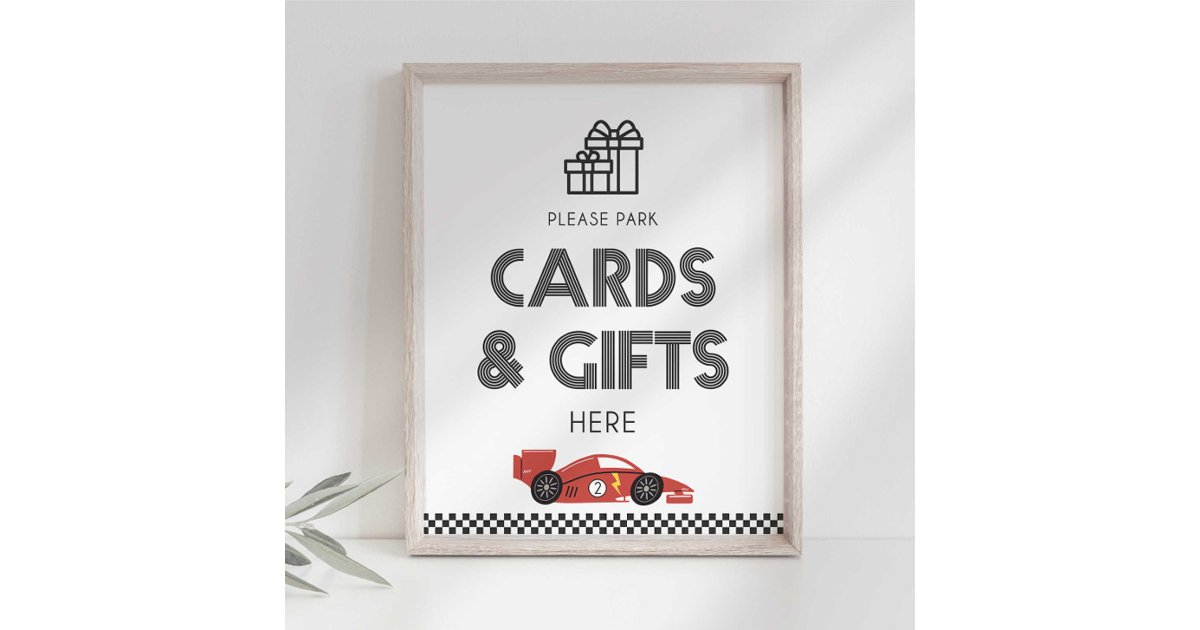 Gift Sign Racing Cards and Gifts Race Car Party Sign | Zazzle