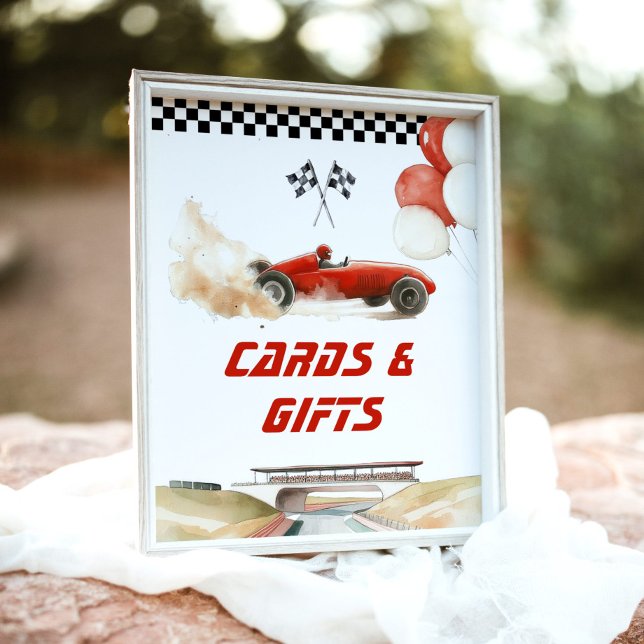 Cards and gifts red race car Birthday party Poster (Creator Uploaded)