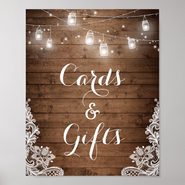 Cards and Gifts | Rustic Wood String Lights Poster (Front)