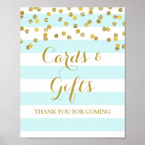 Cards and Gifts Sign Blue Stripes Gold Confetti