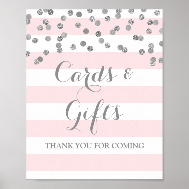 Cards and Gifts Sign Blush Stripes Silver Confetti (Front)
