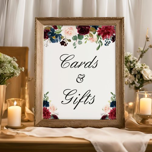 Cards and Gifts Sign Burgundy Blush Blue Floral