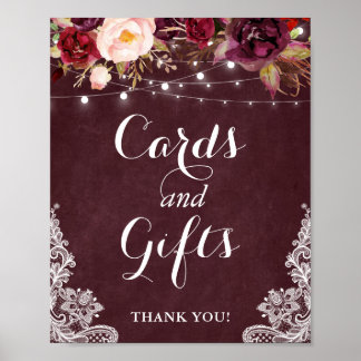 Cards and Gifts Sign | Burgundy Floral Lights Lace