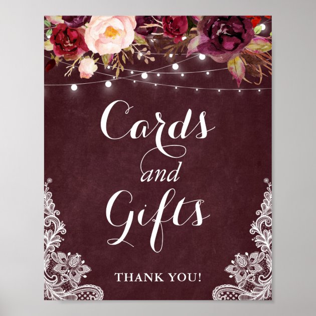 Cards And Gifts Sign | Burgundy Floral Lights Lace